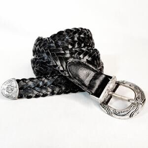 Western Style Genuine Split Black Leather Braided Belt 1X Waist Ornate Hardware